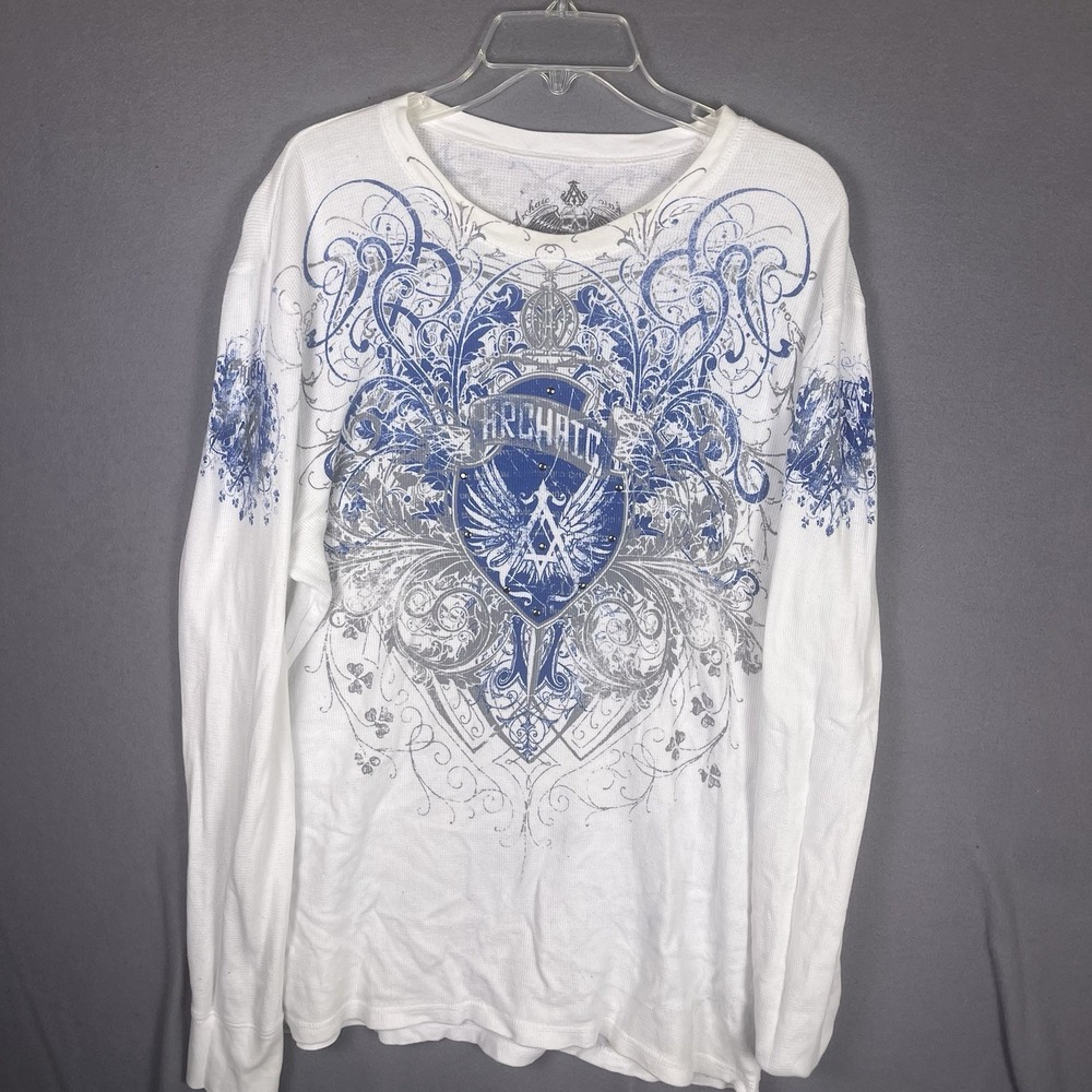 AFFLICTION WHITE /BLUE THERMAL WAFFLE KNIT‎ SHIRT X-LARGE VINTAGE